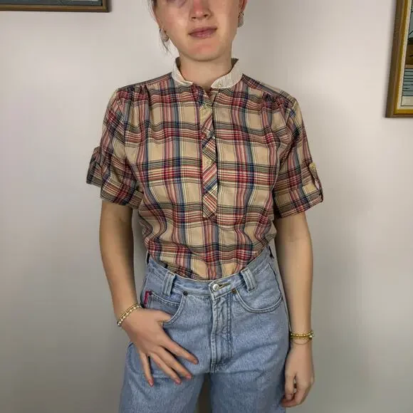VINTAGE 80S plaid short sleeve shirt size Medium - Picture 1 of 6